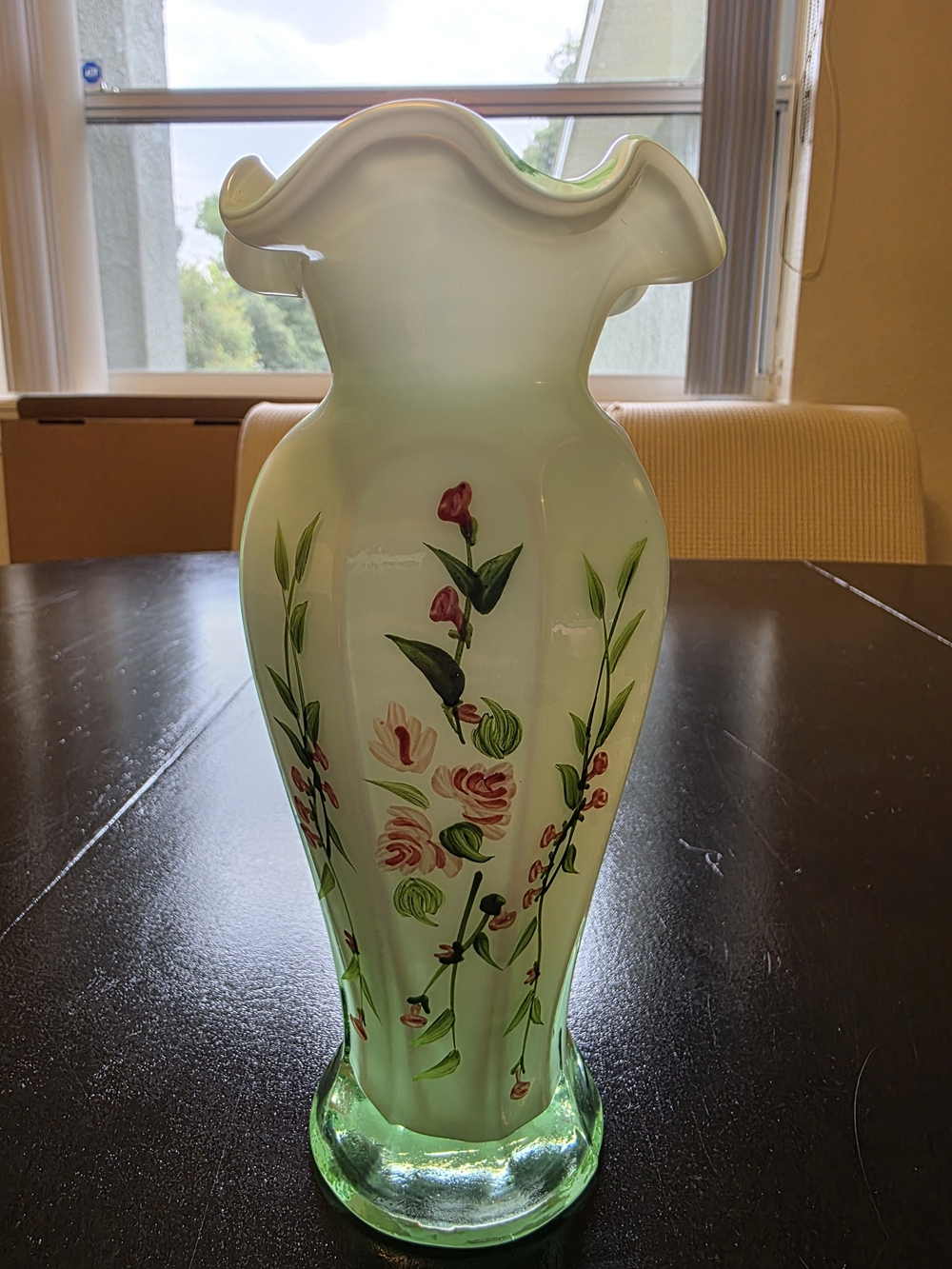 Fenton Opaline Green Cased Glass Ruffle Vintage Floral Hand Painted Roses Vase
